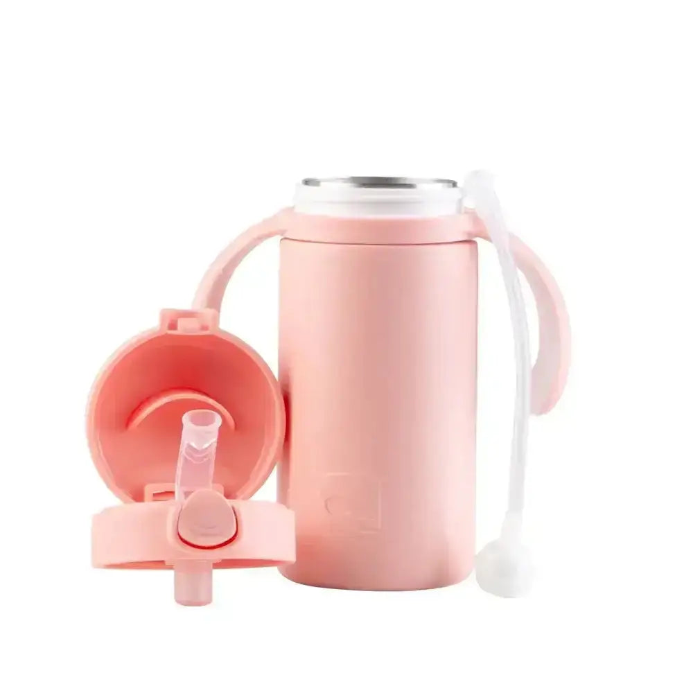 Pink water bottle with straw and handle on a white background