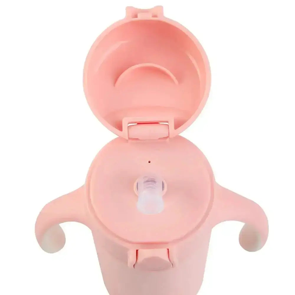 Pink plastic sippy cup with two handles and clear straw for lizzard hatchling stainless steel kids flask 280ml blossom