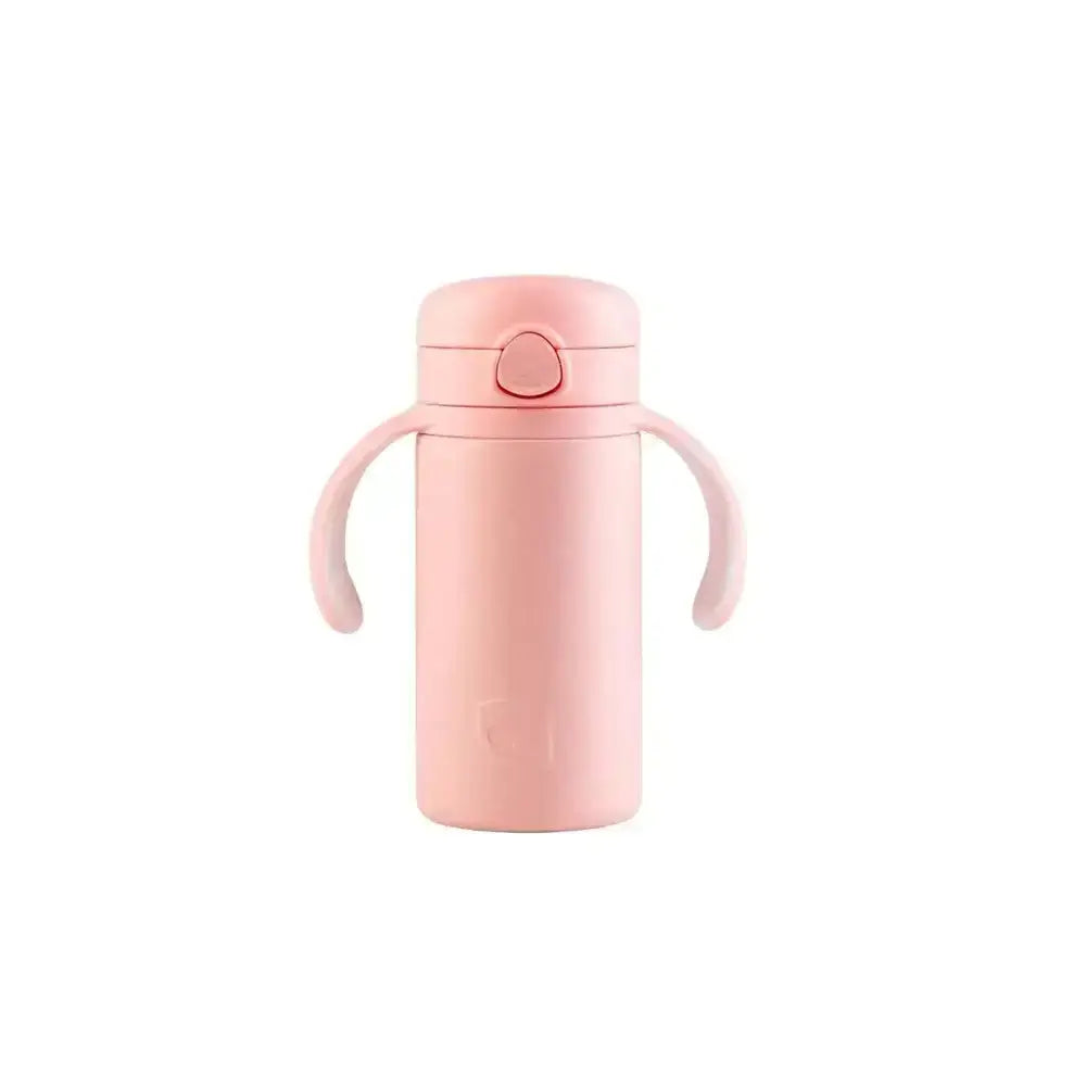 Pink water bottle with handles on a white background