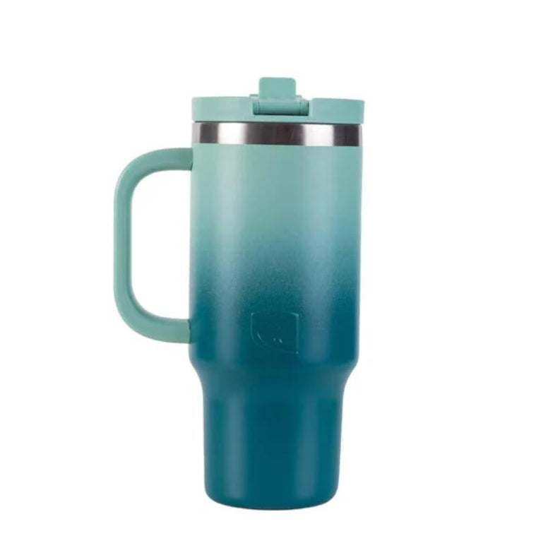 Teal gradient travel mug with handle on a white background