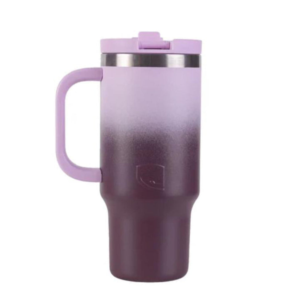 Purple and silver travel mug with handle on a white background