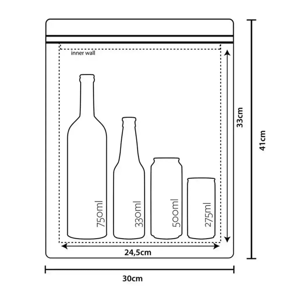 Measurement chart of a clear plastic bag with bottle outlines and dimensions.