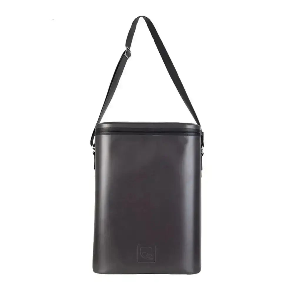 Black leather shoulder bag on a white background