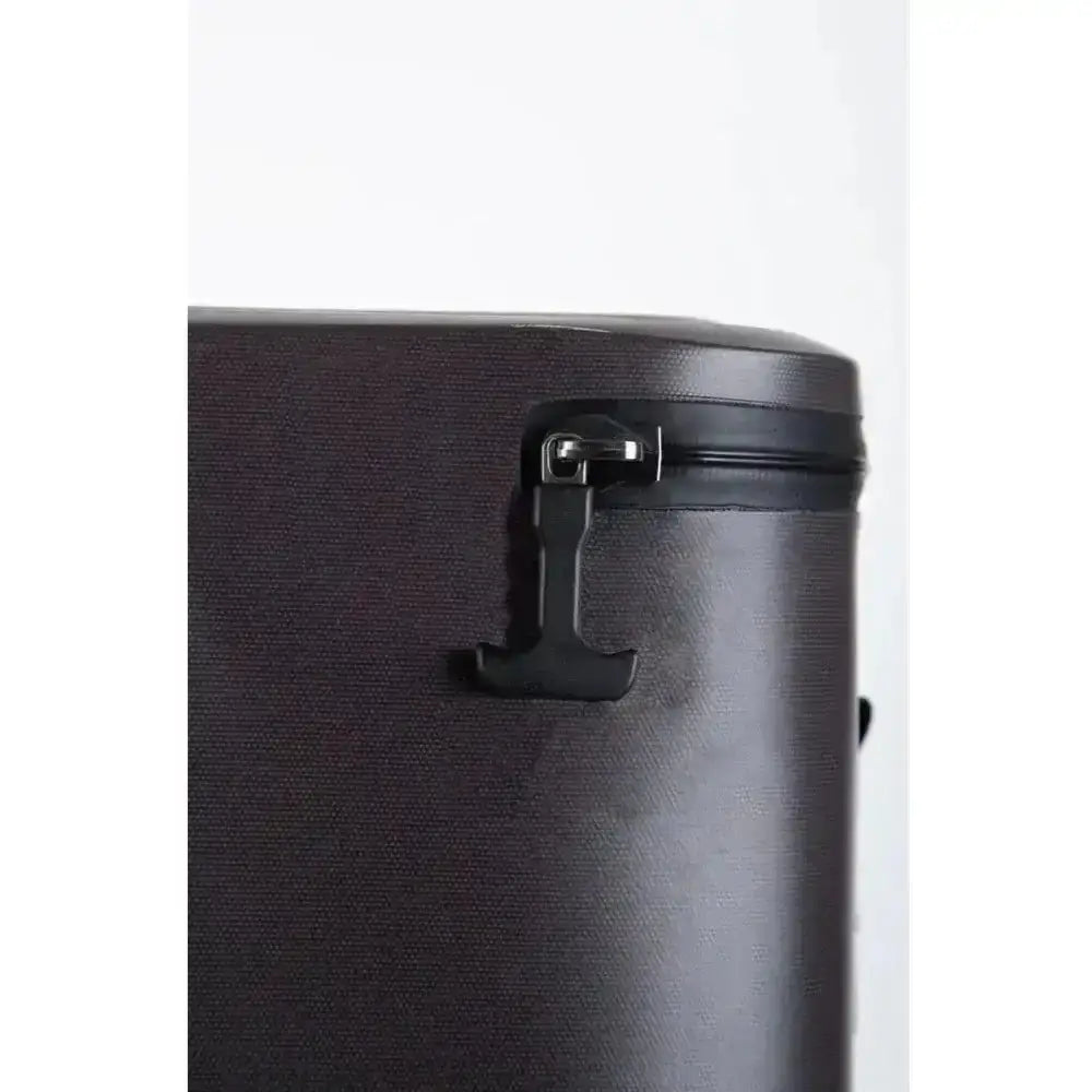 Black suitcase with a visible brand logo on a white background