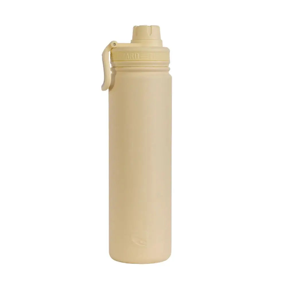 Beige water bottle with a carrying strap on a white background