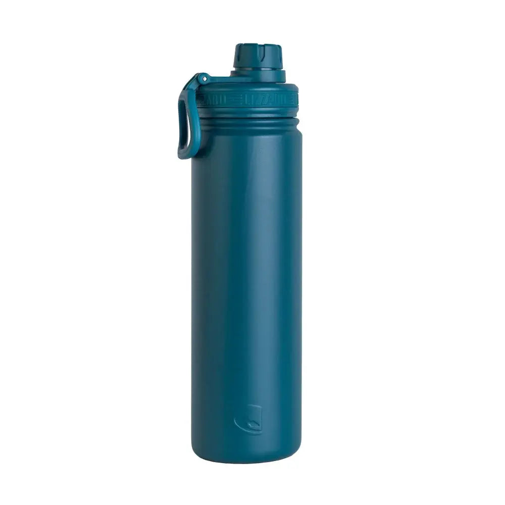 Blue water bottle with a white background