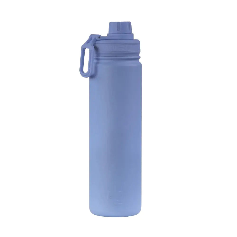 Blue water bottle with a carrying handle on a white background