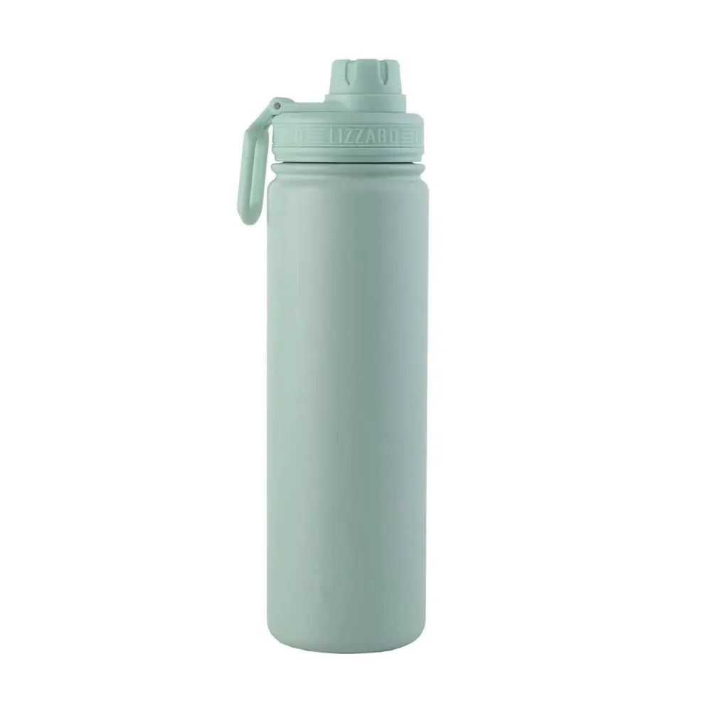 Mint green water bottle with a carrying strap on a white background
