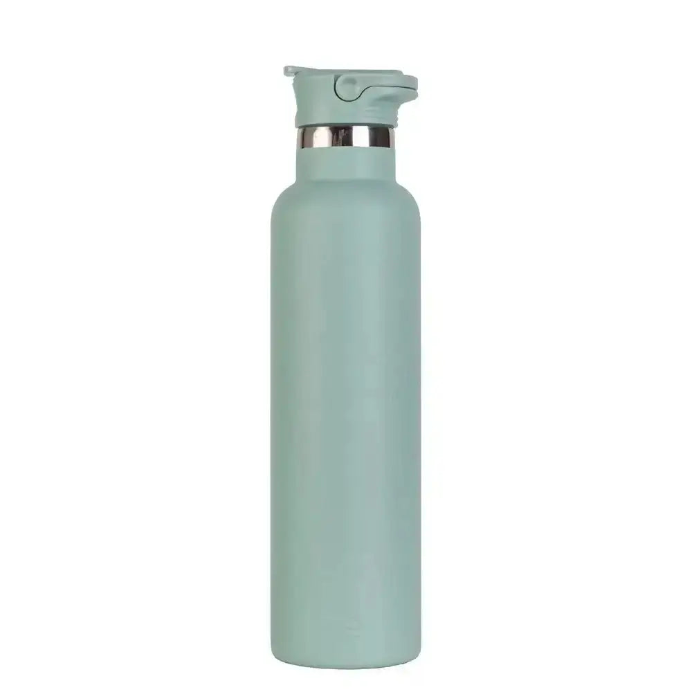 Mint green water bottle with a silver cap on a white background