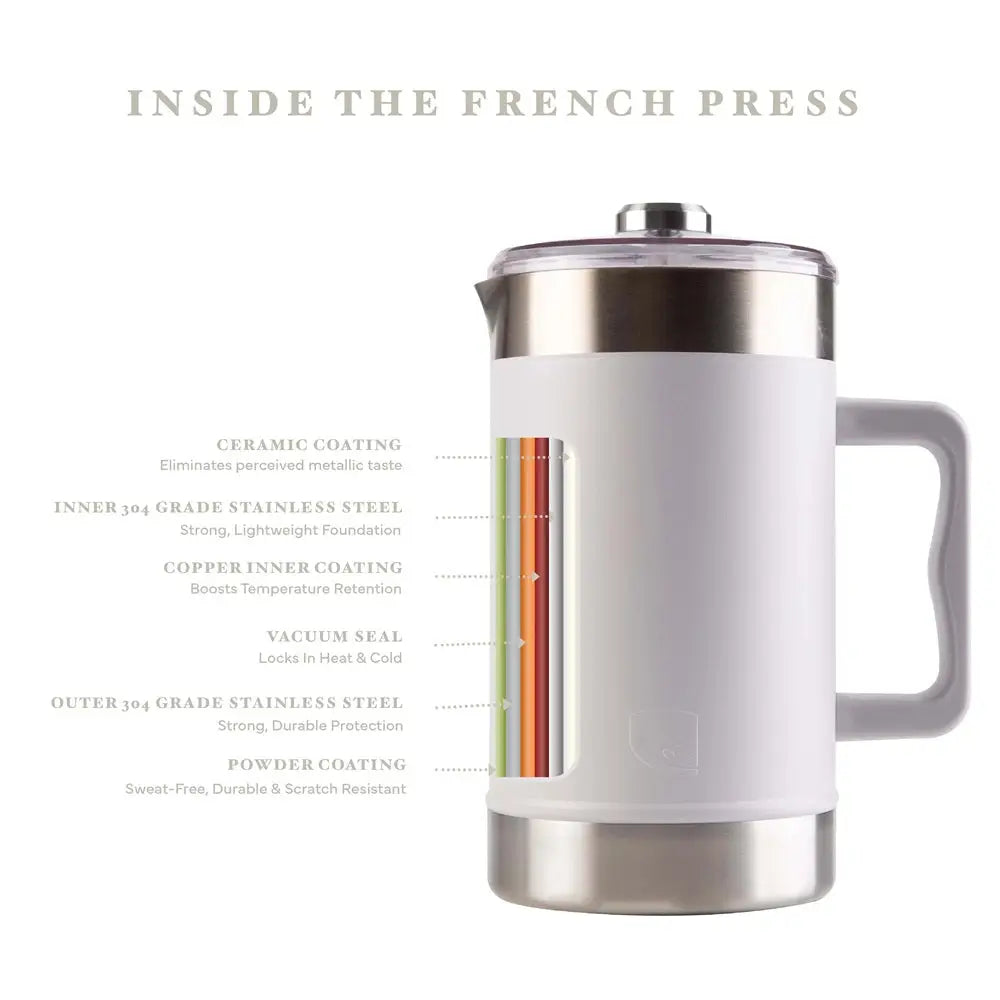 White French press coffee maker with metallic accents on a white background