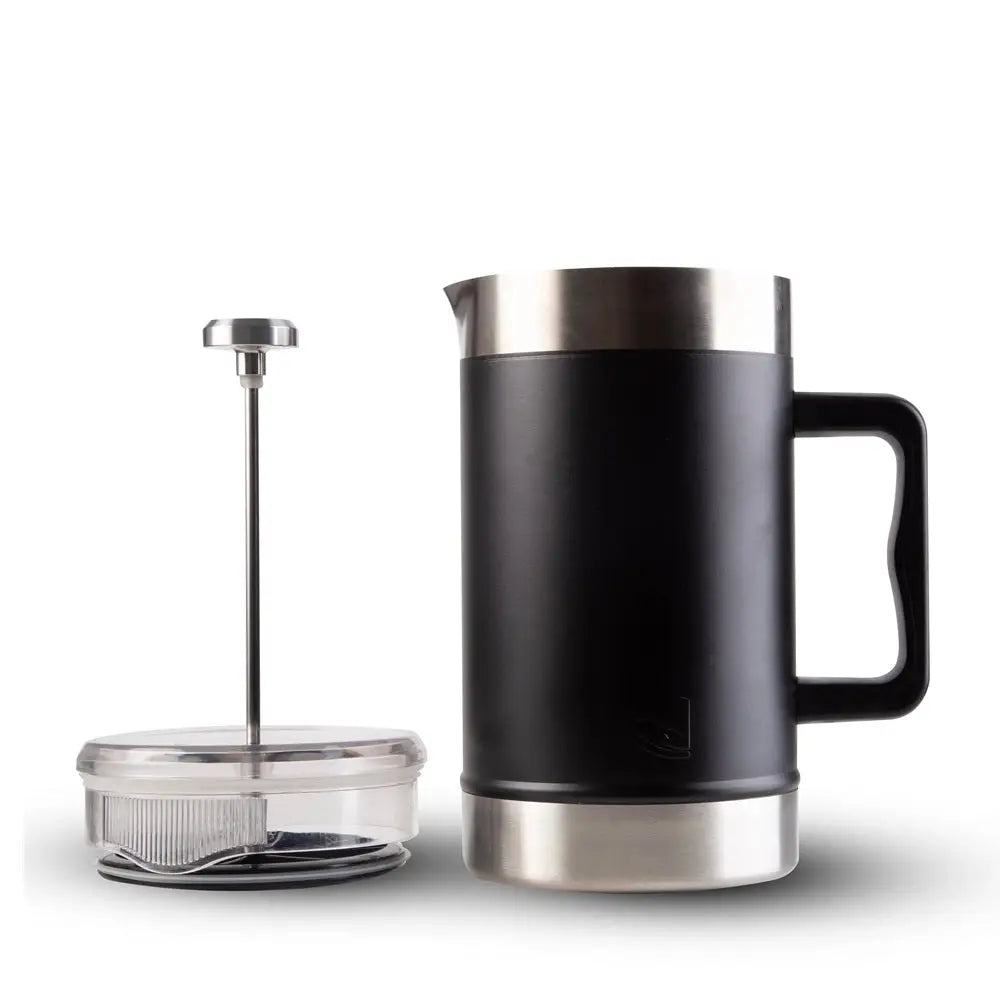 Black insulated plunger with stainless steel lid and handle on a white background