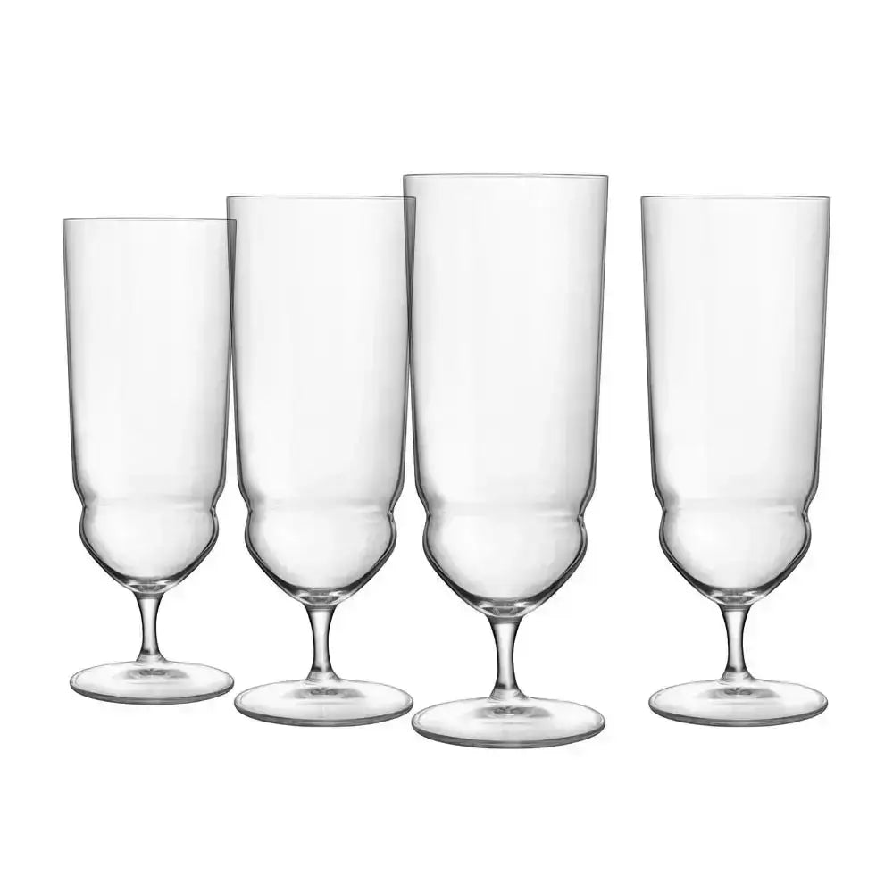 Four clear glass champagne flutes on a white background