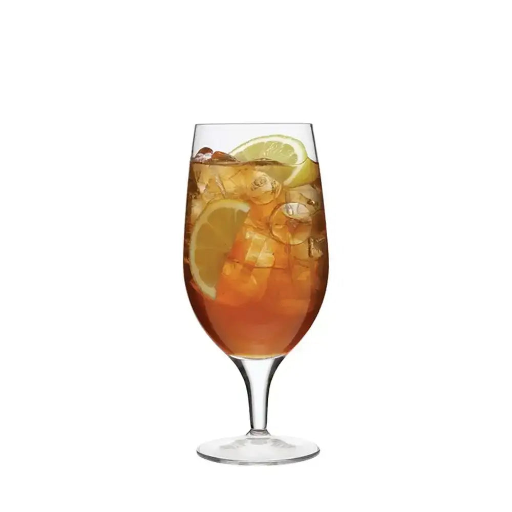 Glass of iced tea with lemon slices on a white background