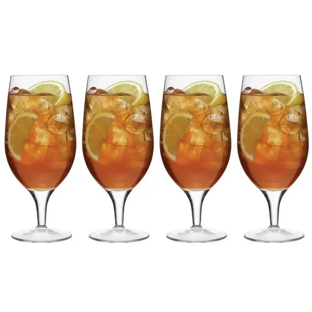 Four glasses of iced tea with lemon slices on a white background