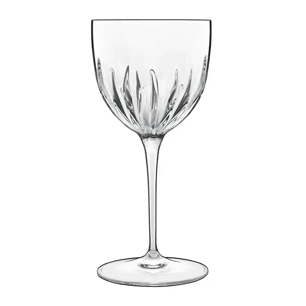 Clear glass wine glass with decorative stem on a white background
