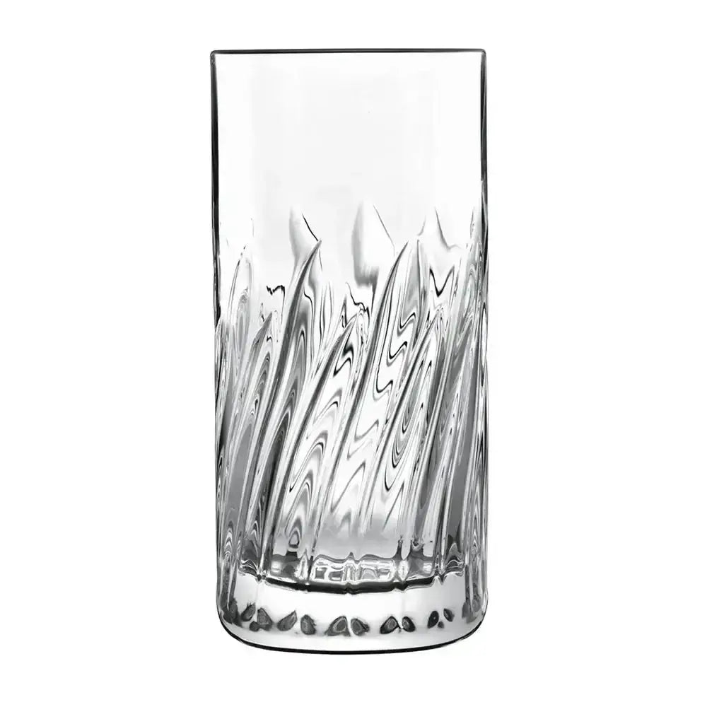 Clear glass tumbler with decorative etching on a white background