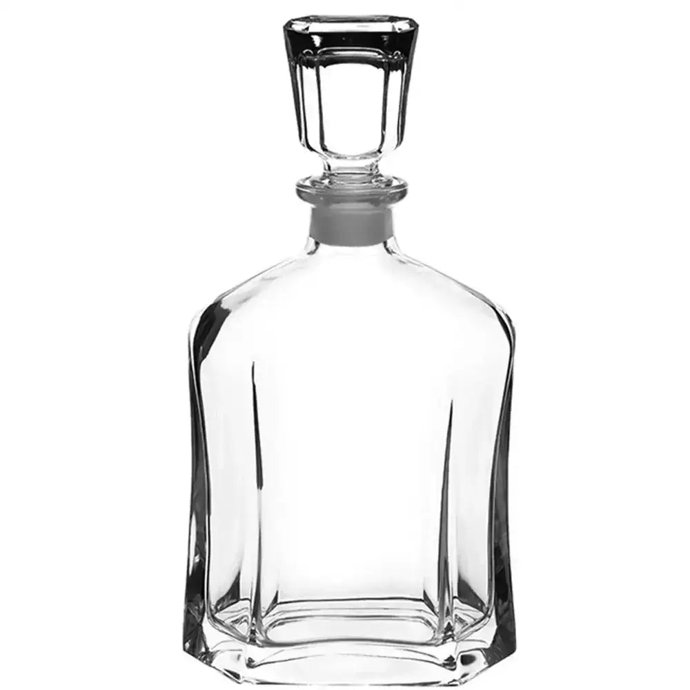 Clear glass decanter with a silver stopper on a white background