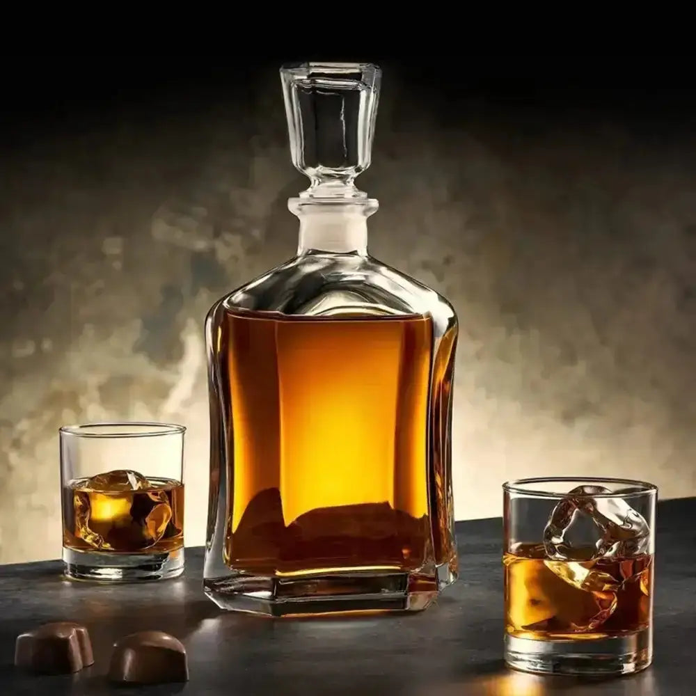 Whiskey decanter and glasses with ice on a dark surface