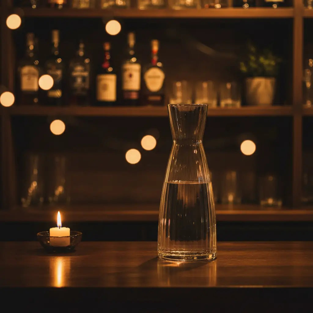 Clear glass luigi bormioli rocco exclusiva carafe with vertical ribbed texture and flared rim 1.0l capacity