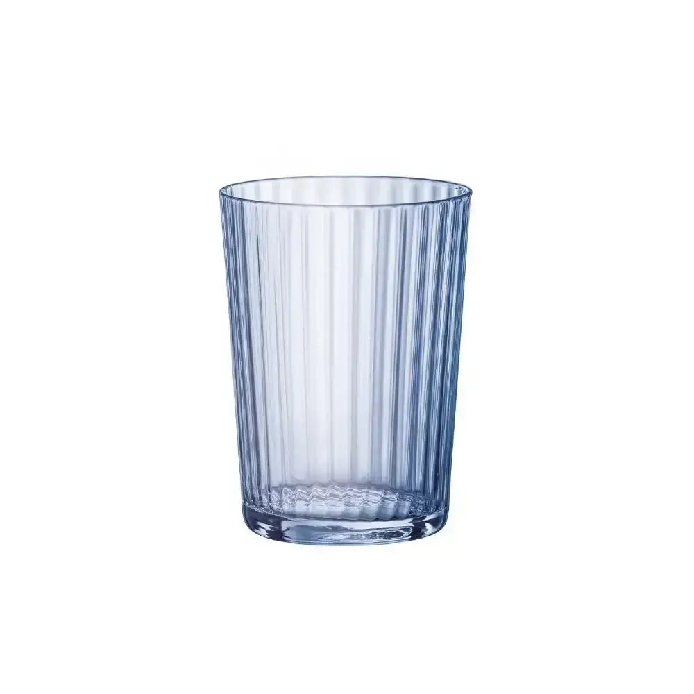 Blue glass tumbler with vertical stripes on a white background