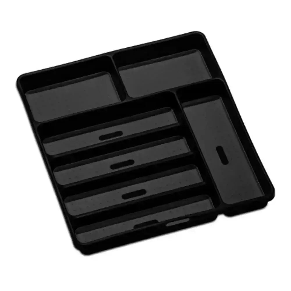 Black plastic tray with compartments on a white background