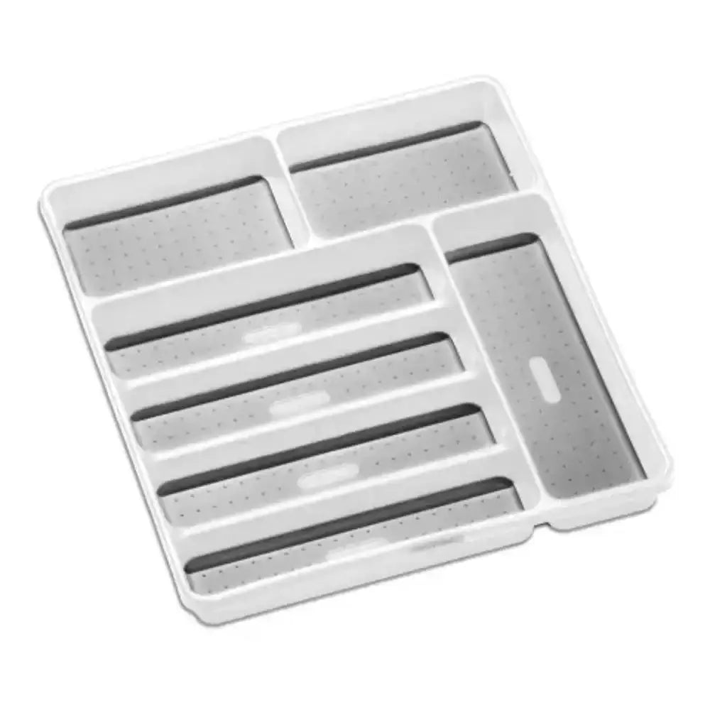White kitchen drawer organizer with multiple compartments on a white background