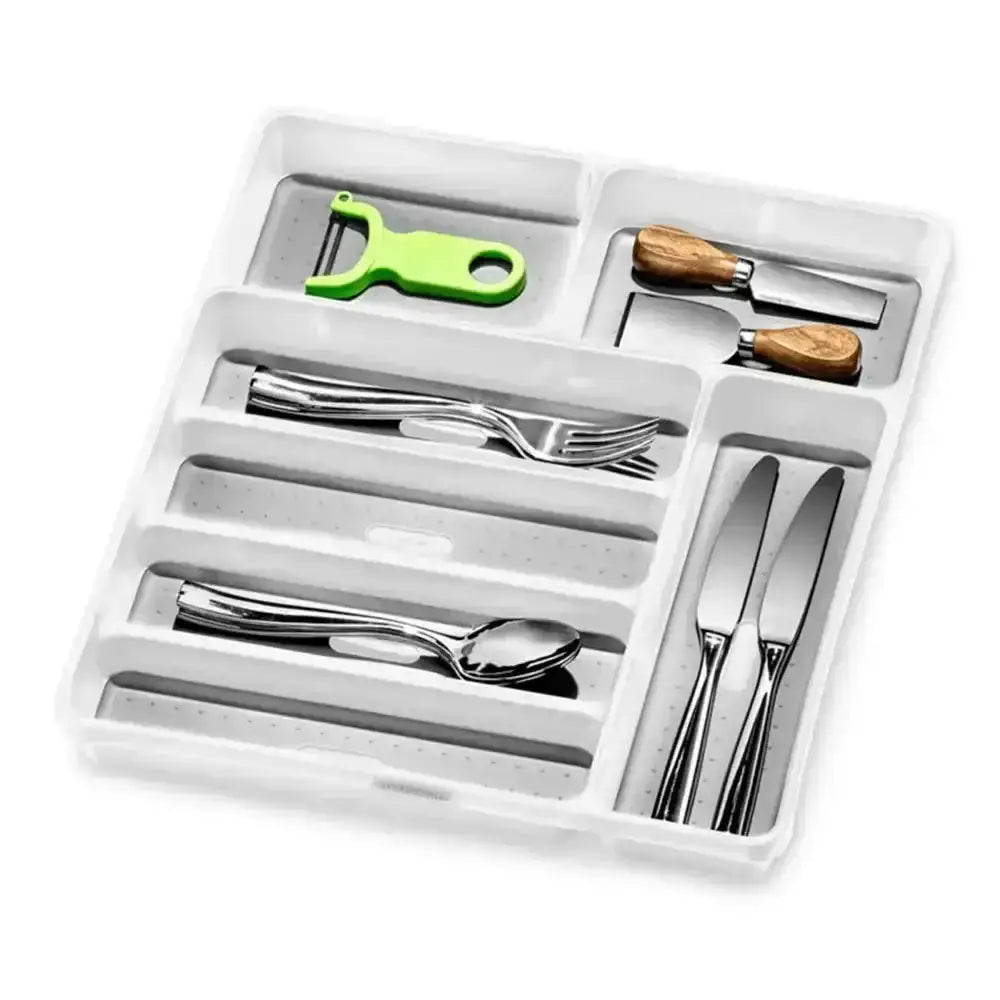 Silverware organizer with cutlery including knives, forks, and spoons on a white background.