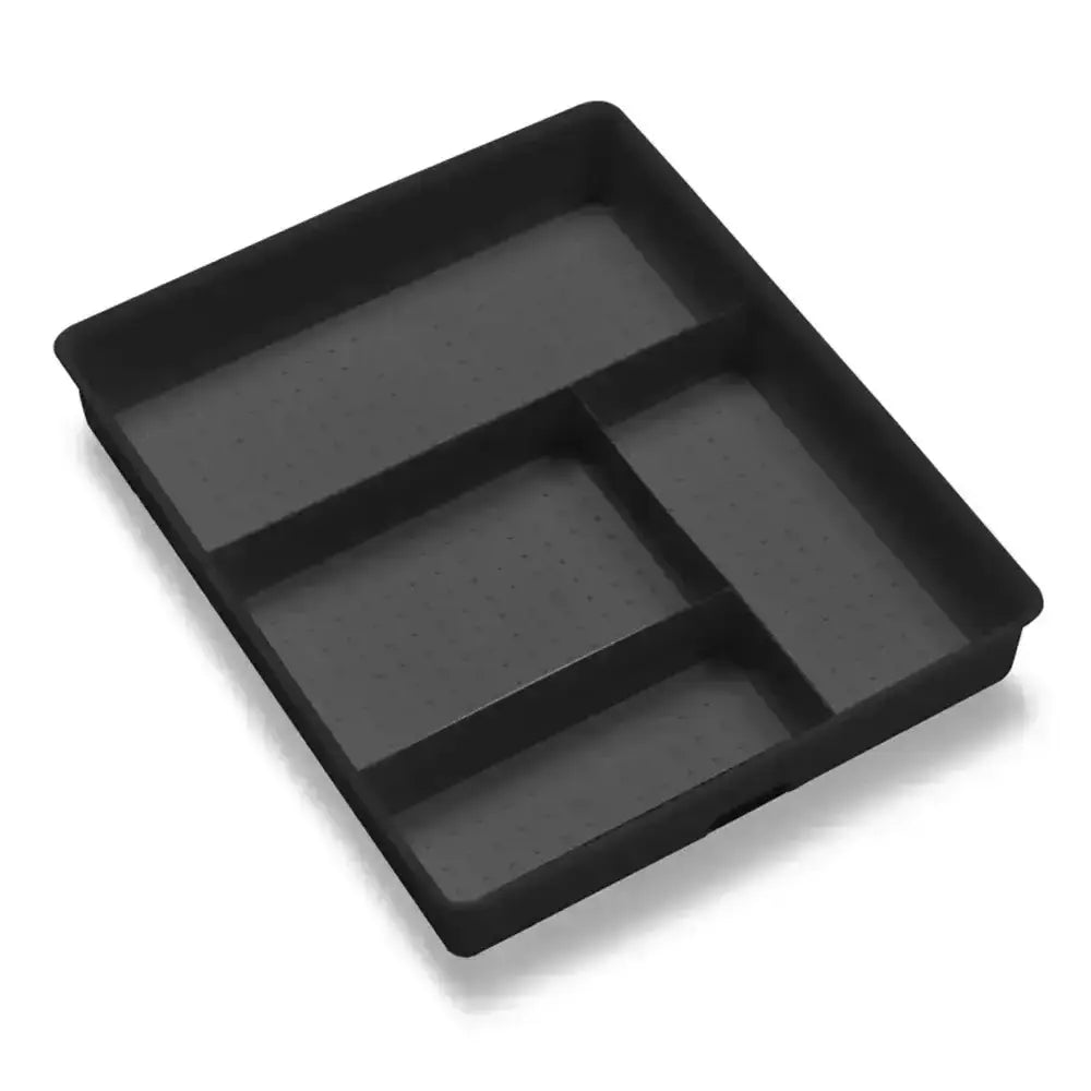 Black rectangular tray with compartments on a white background