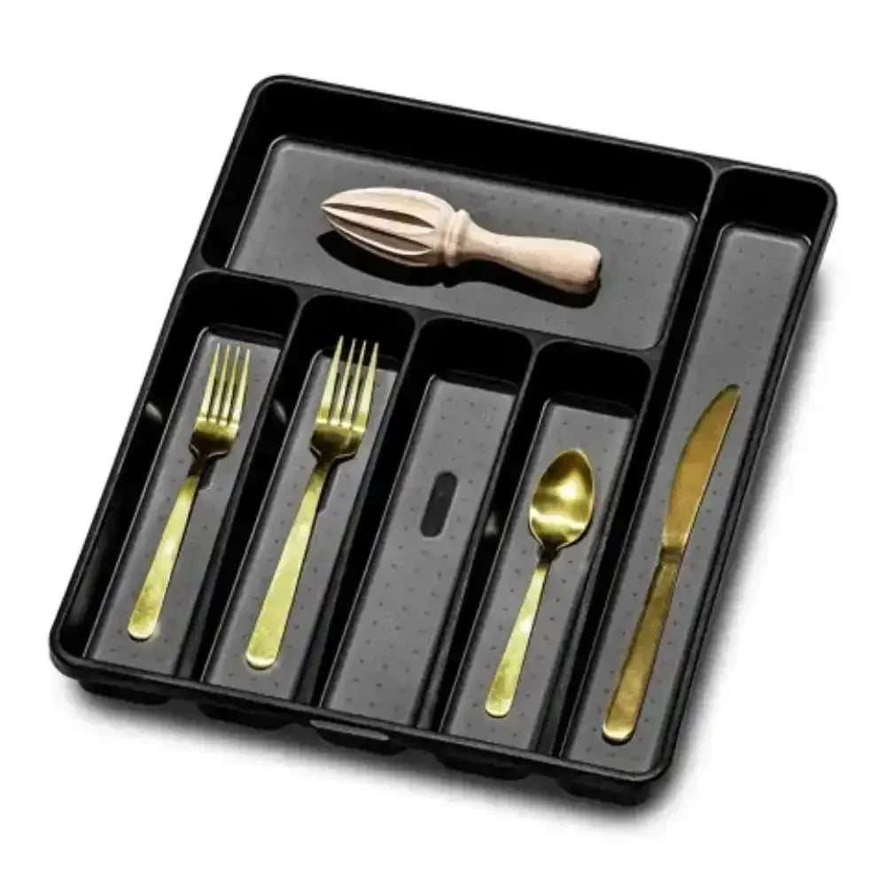 Black plastic madesmart classic antimicrobial large cutlery tray with gold utensils and wooden citrus reamer