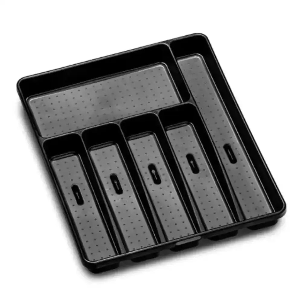 Madesmart classic antimicrobial black plastic cutlery tray with five textured compartments and keyhole cutouts