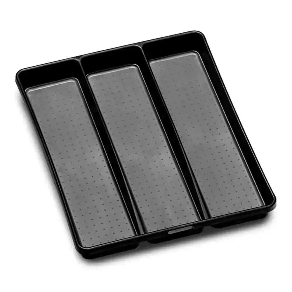 Black tray with four compartments on a white background