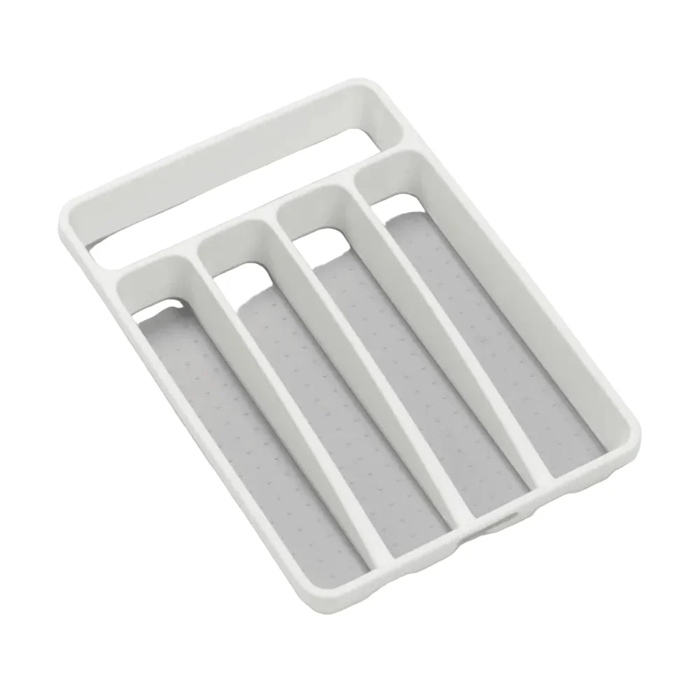 Gray plastic cutlery organizer with multiple compartments on a white background