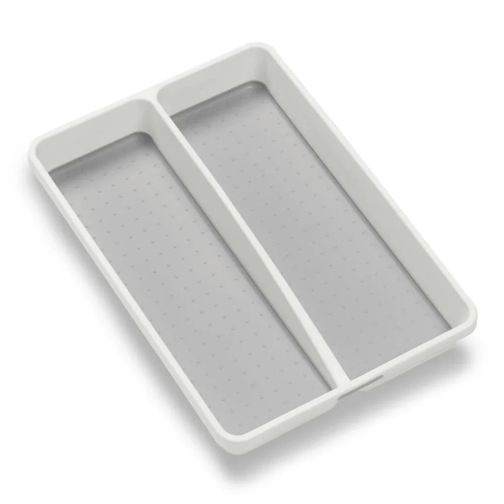 Gray tray with divided sections on a white background