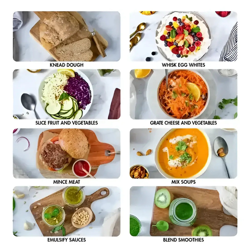 Grid of images showing various food preparation steps with text labels.
