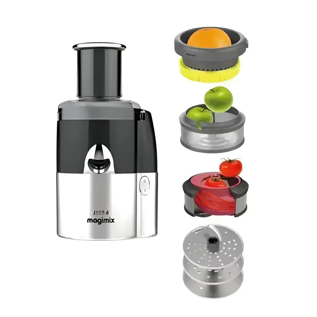 Magimix juice extractor with detachable parts on a white background