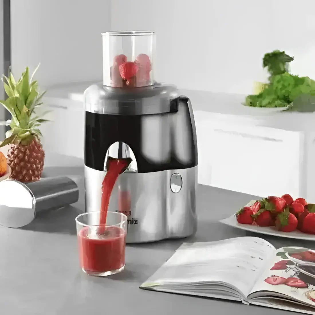Juicer extracting juice into a glass with fruits and a magazine on a kitchen counter.
