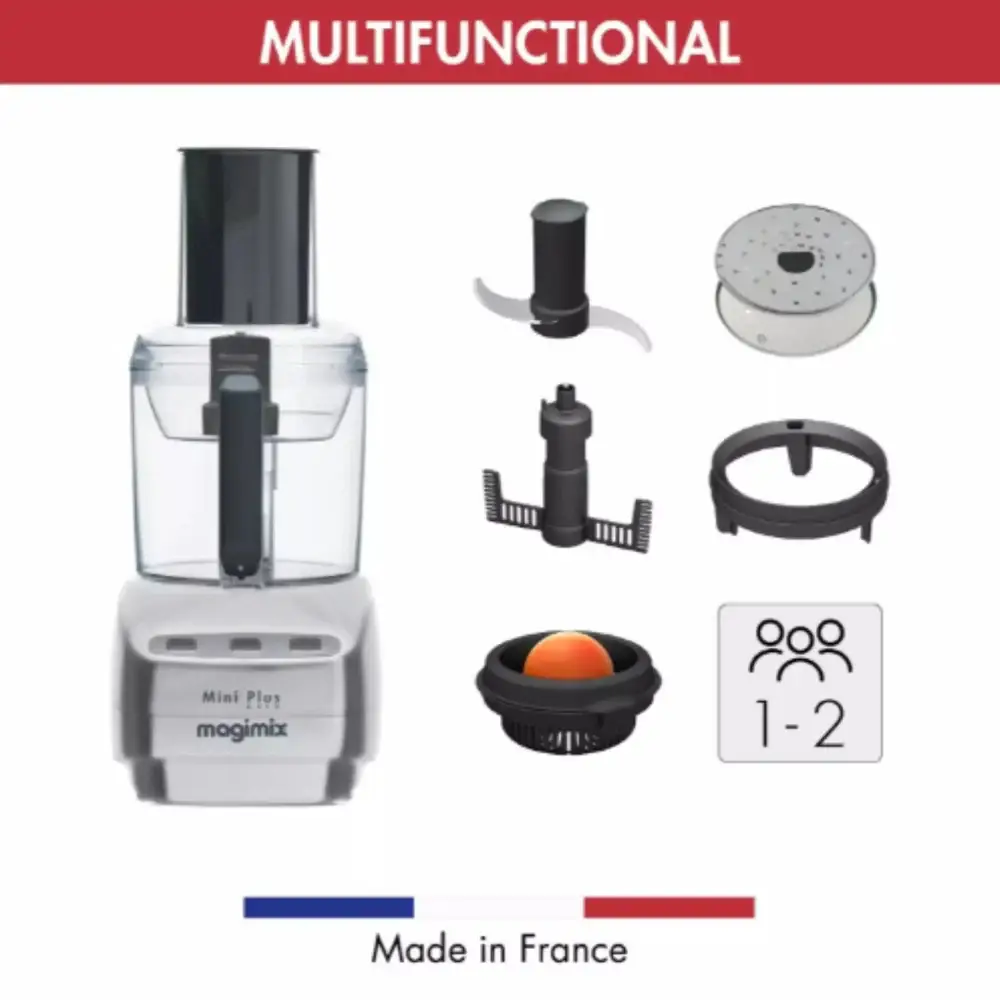 Magimix Mini Plus food processor with attachments on a white background, featuring the text 'Multifunctional' and 'Made in France'.