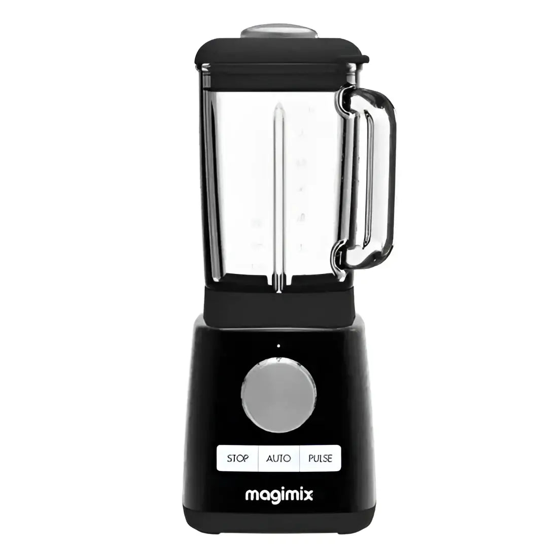 Magimix power jug blender 1.8L black with clear glass jar and silver control dial for versatile blending tasks