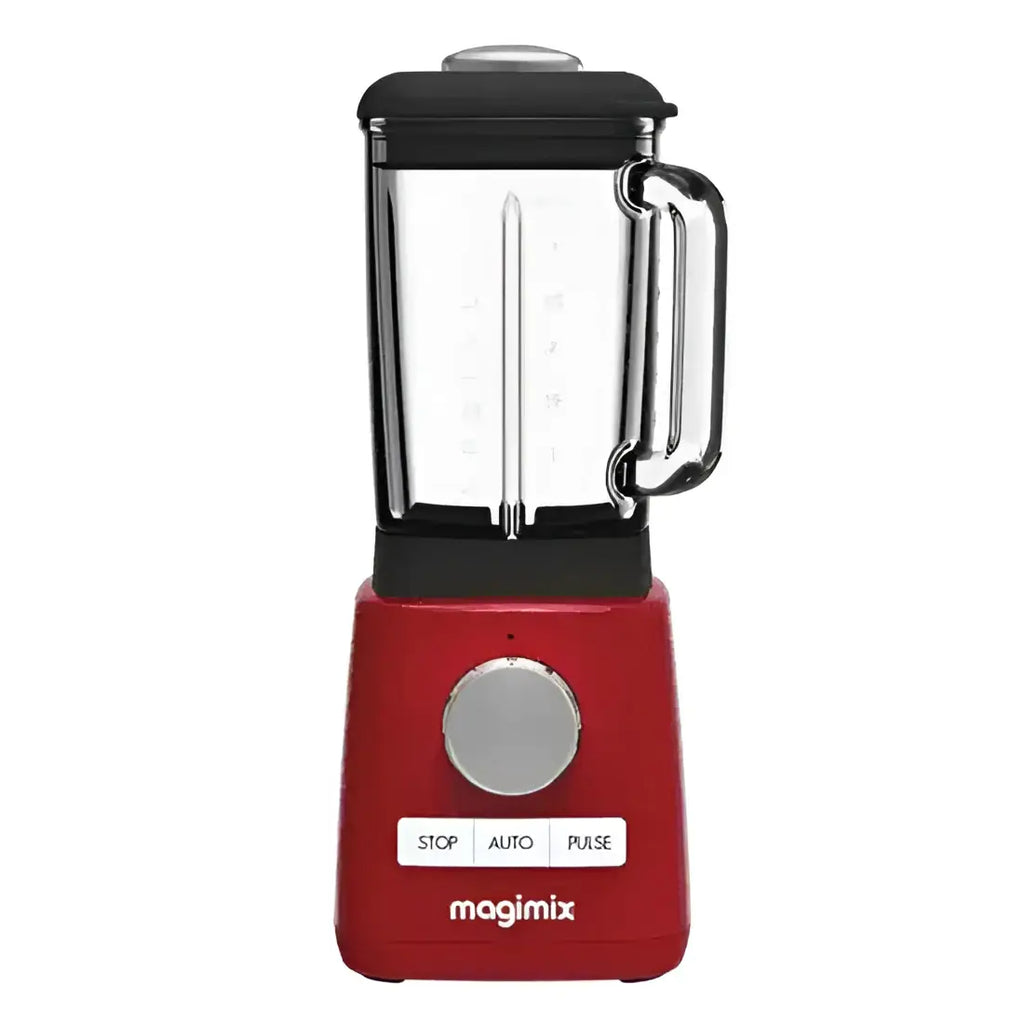 Red magimix power jug blender with 1.8l clear glass jar and black lid for versatile kitchen blending tasks
