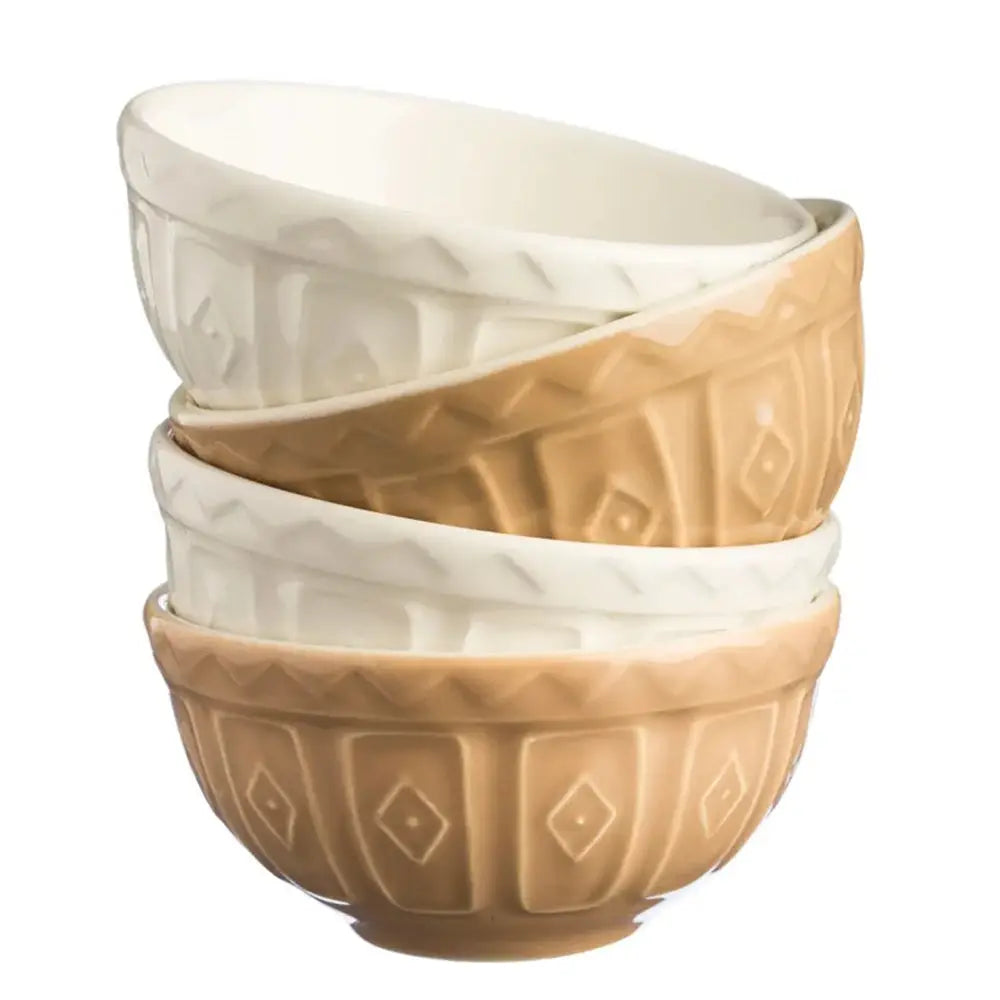 Set of three ceramic bowls with geometric patterns in beige and white on a white background