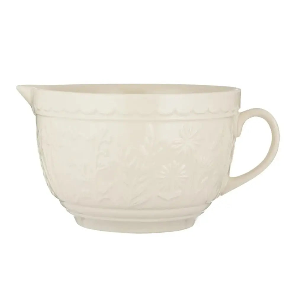 White ceramic mixing bowl with handle on a white background
