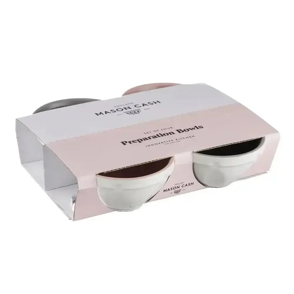 Set of four ceramic preparation bowls in pastel pink and white packaging branded mason cash for food prep