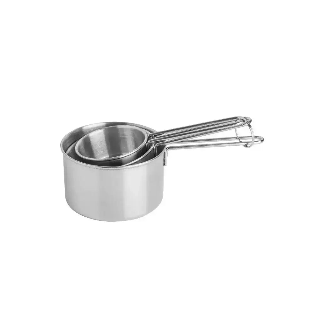 Set of three nested stainless steel measuring cups with sleek reflective surfaces and integrated handles by Mason Cash