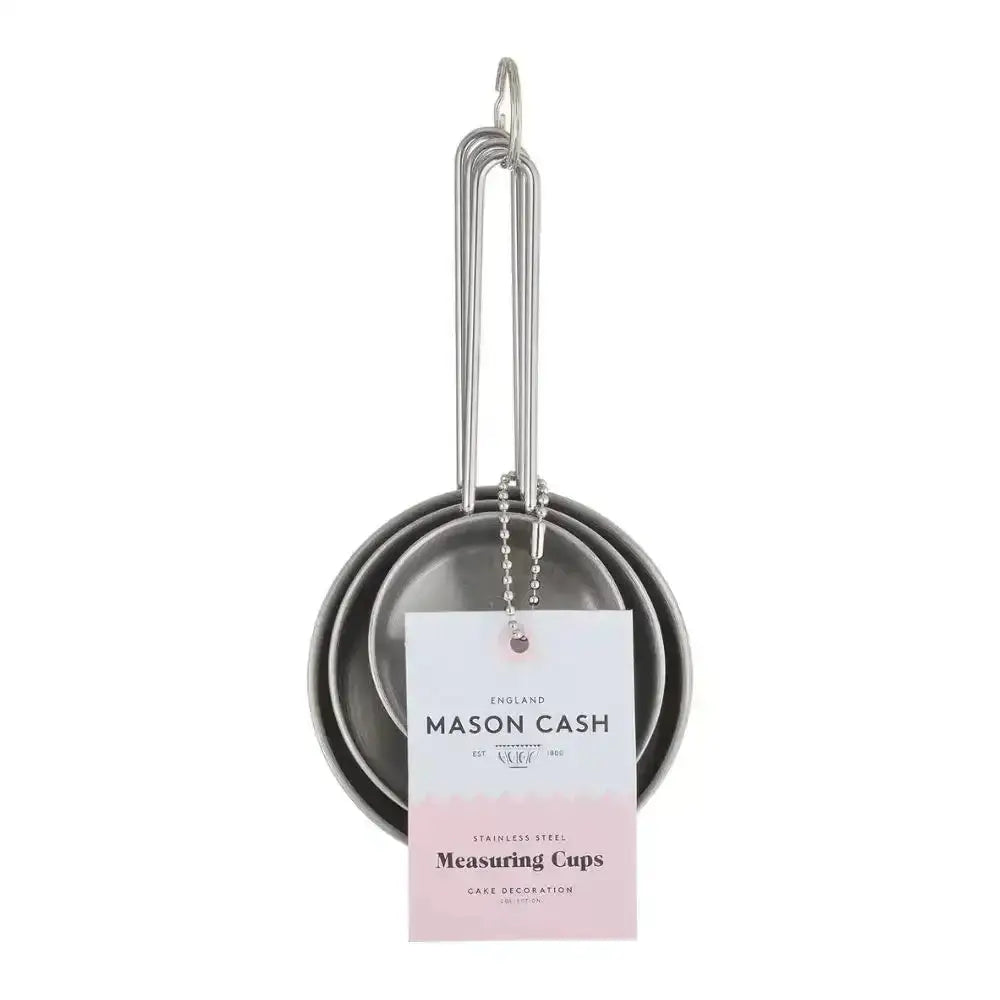 Set of mason cash stainless steel measuring cups with polished handles and hanging tag in silver finish