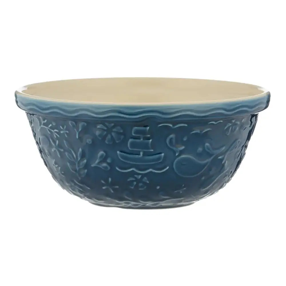 Blue ceramic bowl with decorative patterns on a white background