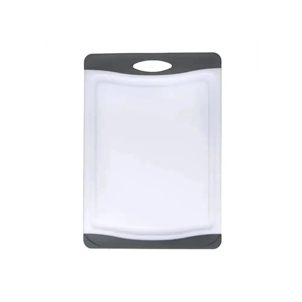 White cutting board with black rim and handle on a white background