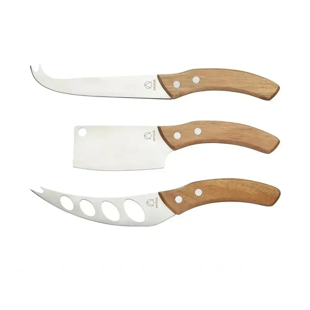 Three cheese knives with wooden handles on a white background