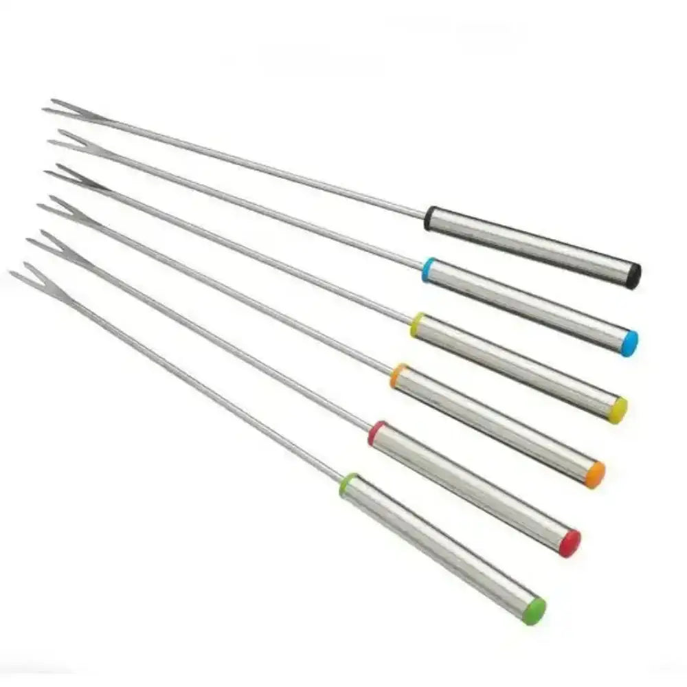 Set of metal skewers with colored handles on a white background