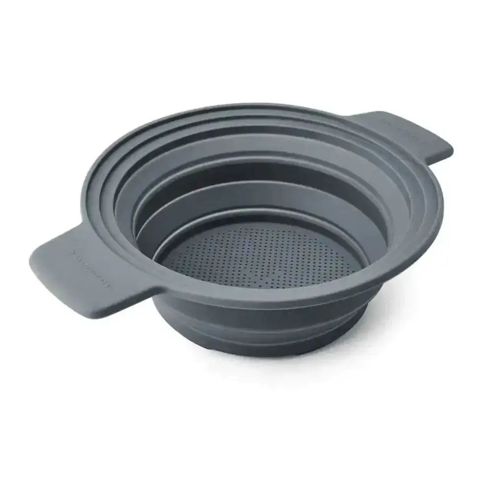 Collapsible silicone strainer on a white background