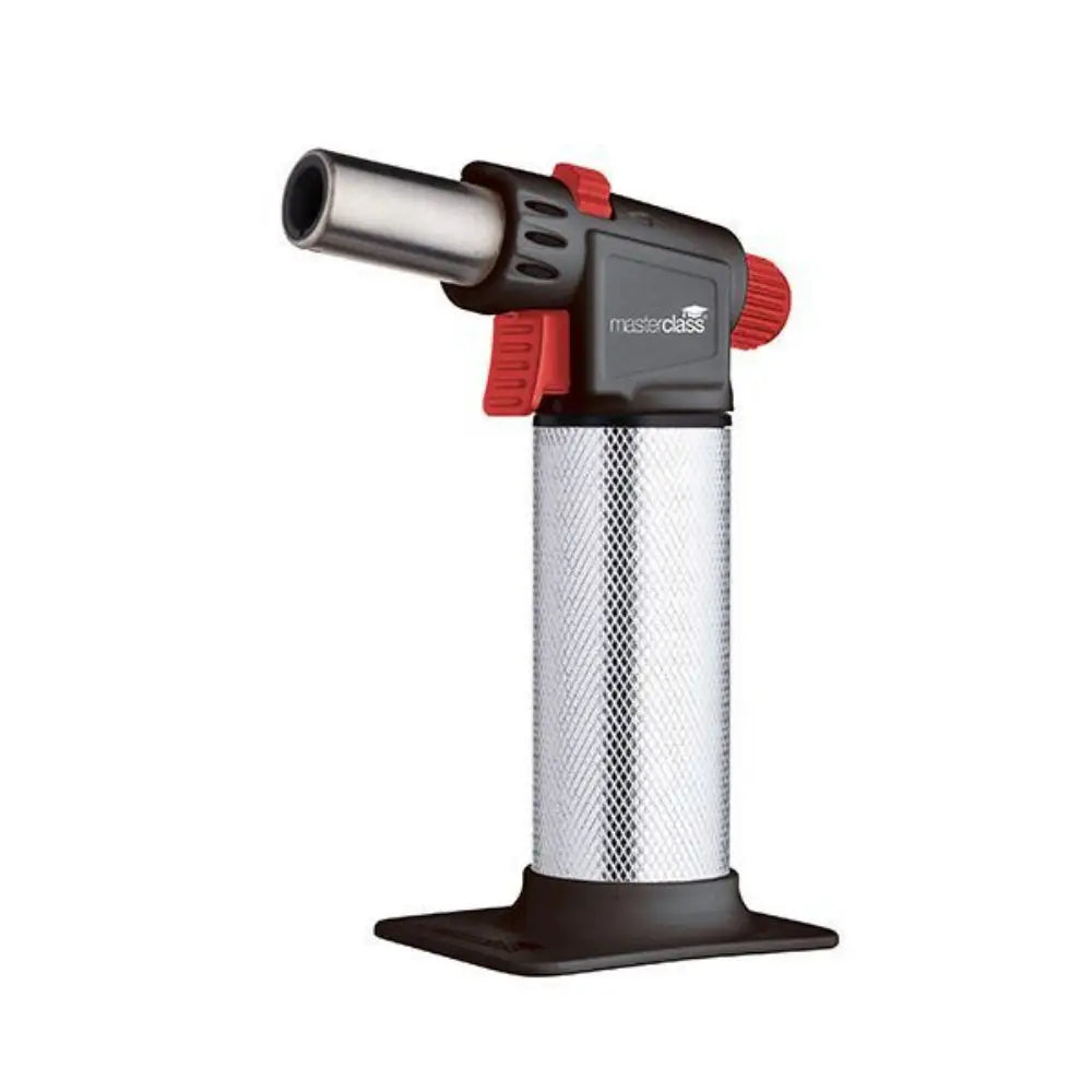 Butane torch with red accents on a white background